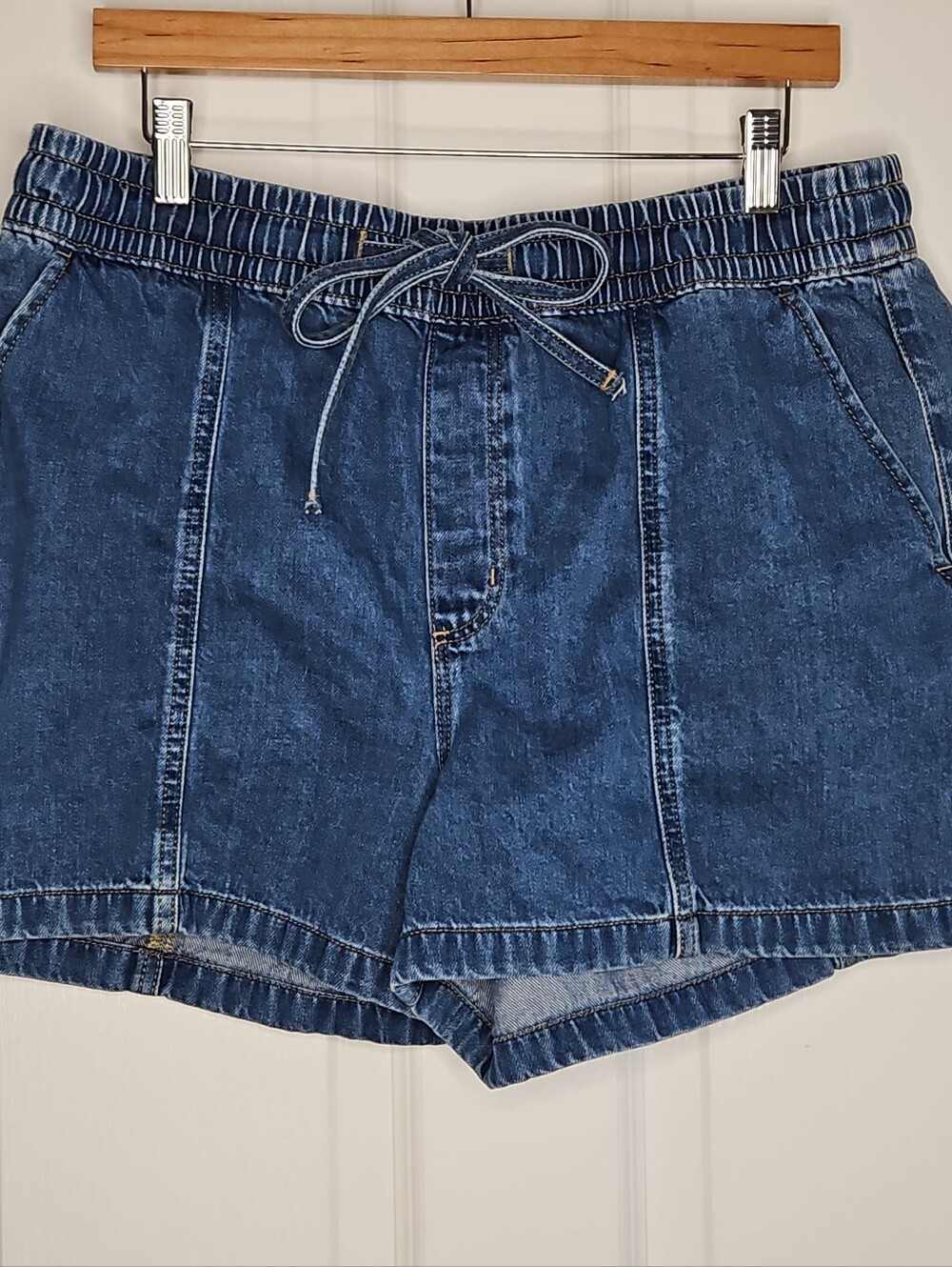Loft High Rise Drawstring Denim 3.5" Shorts 12 31 Classic Mid Wash Elastic Waist